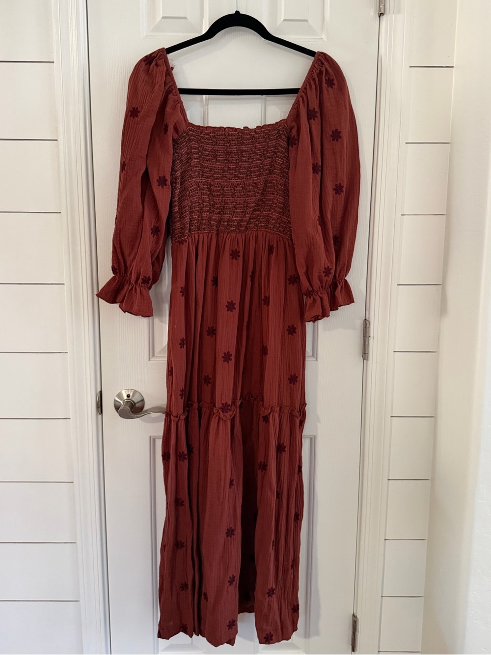 Embroidered Maxi Dress in Burgundy with Puff Sleeves
